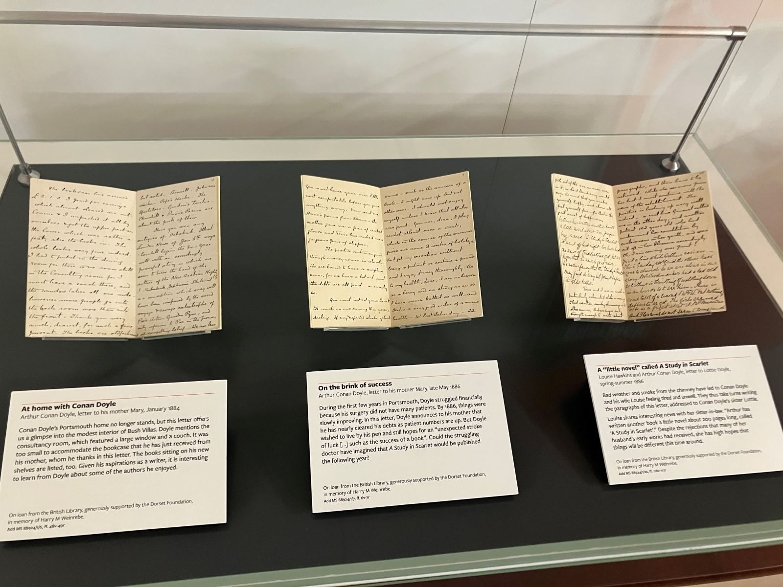 Three letters written by Arthur Conan Doyle in a display case